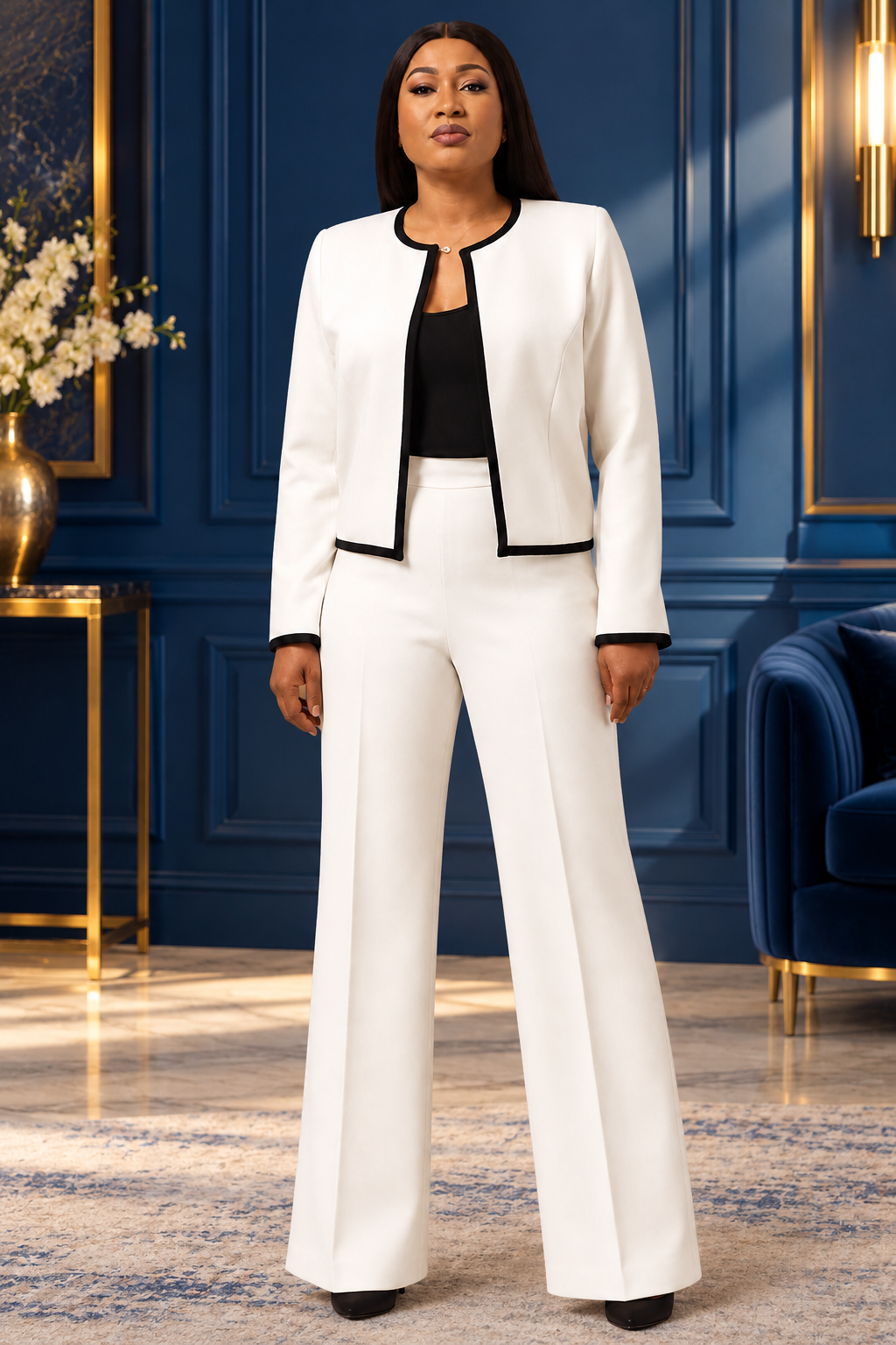 Progress Okuk standing in a white suit against a blue architectural background