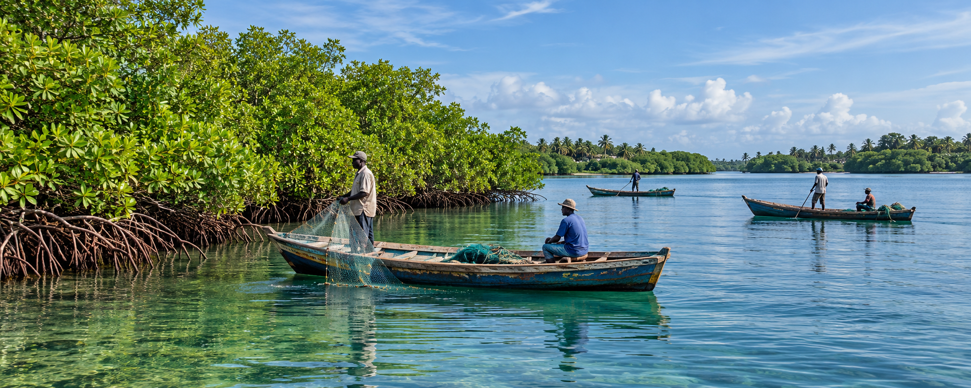Illustration of a coastal mangrove environment and fishing boats.