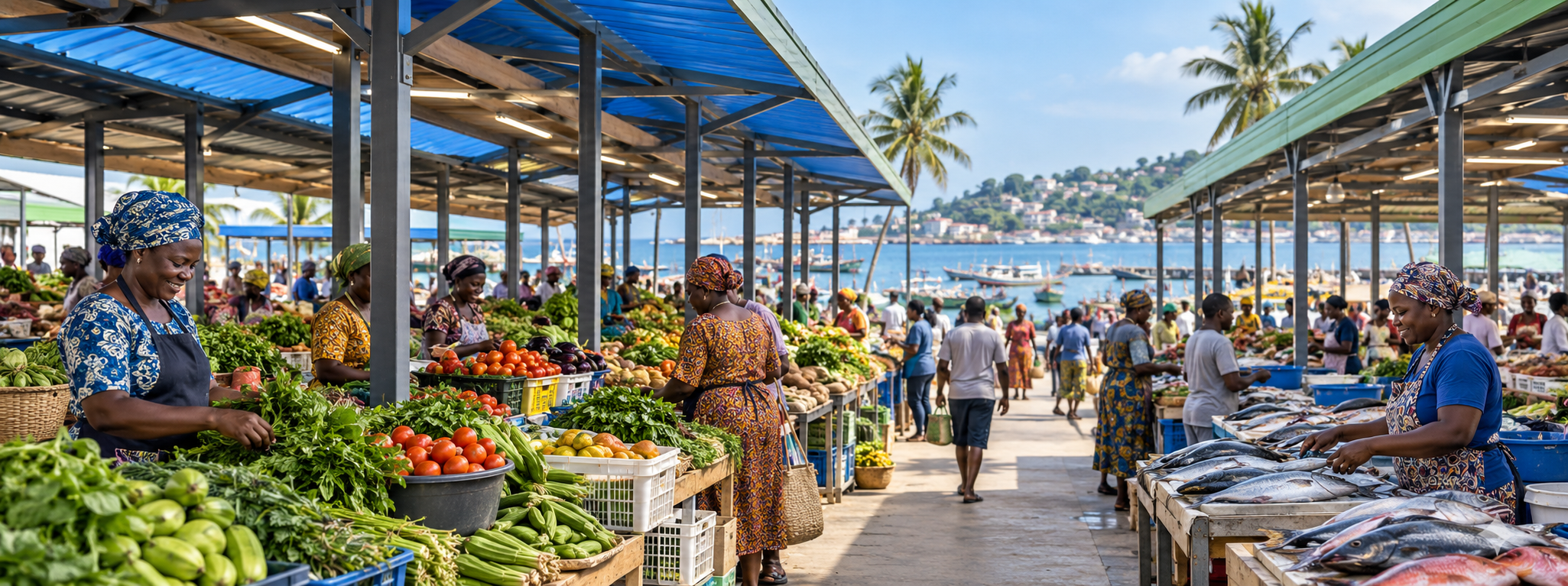 Illustration of a covered market and local trading.